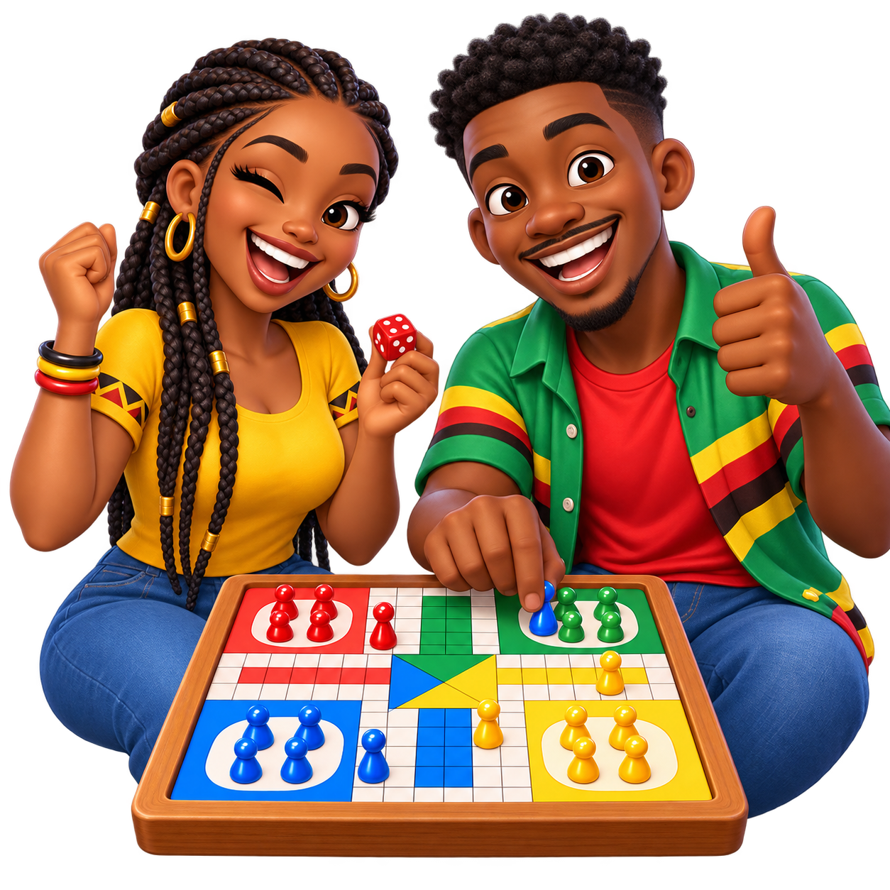 Friends gathered around a colorful Ludo board