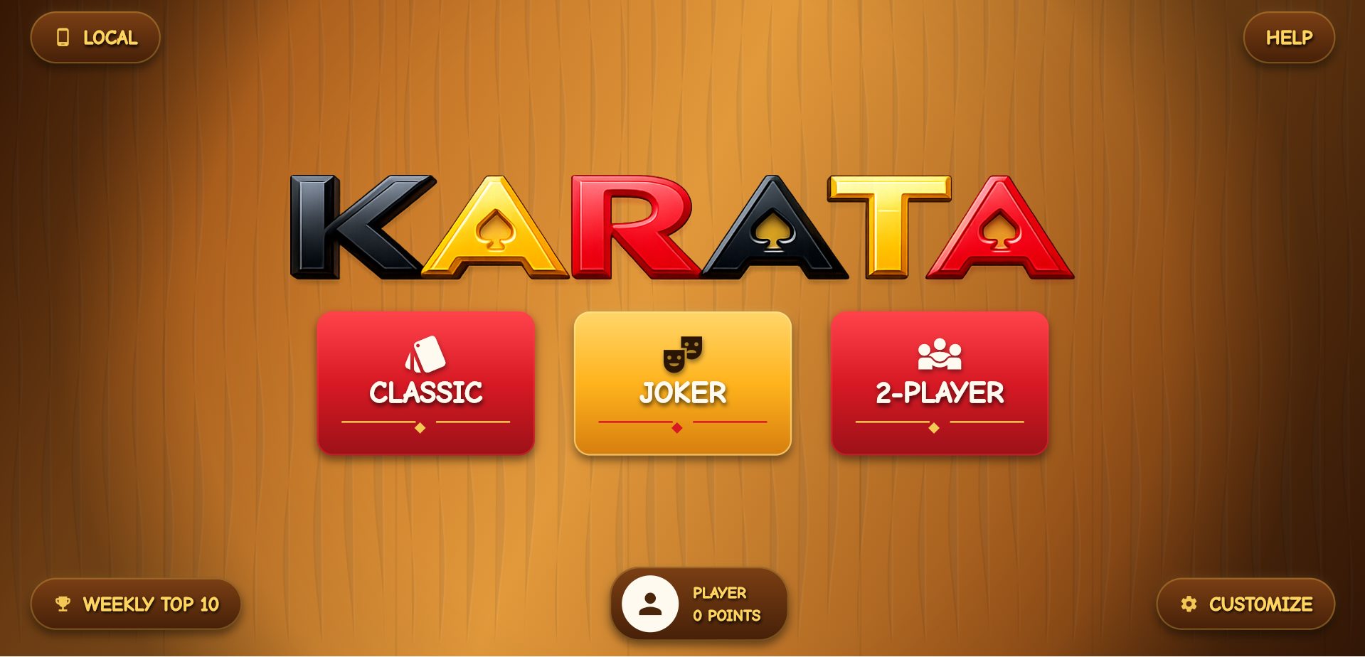 Karata game menu showing Classic, Joker, and 2-player modes